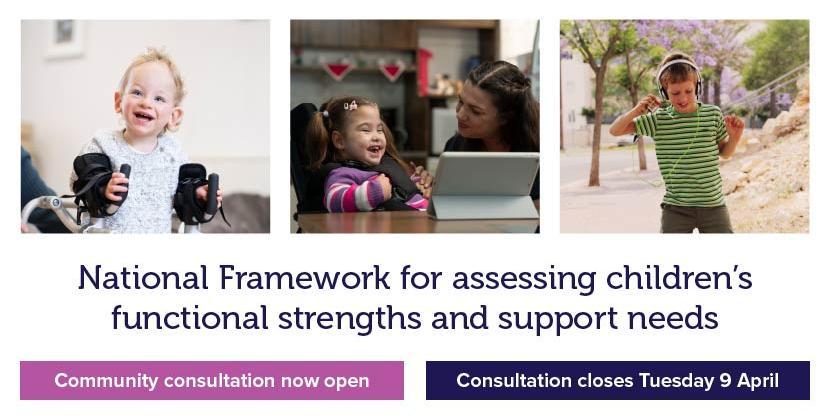 A picture of three children at different ages with different support needs. The text: National Framework for assessing children's function strengths and support needs