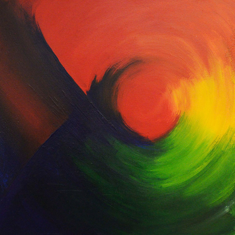 Abstract artwork: a circular swirl of colour from red to yellow to green to dark blue to the right of the middle of the canvas with the dark blue with a triangle of blue to the left.