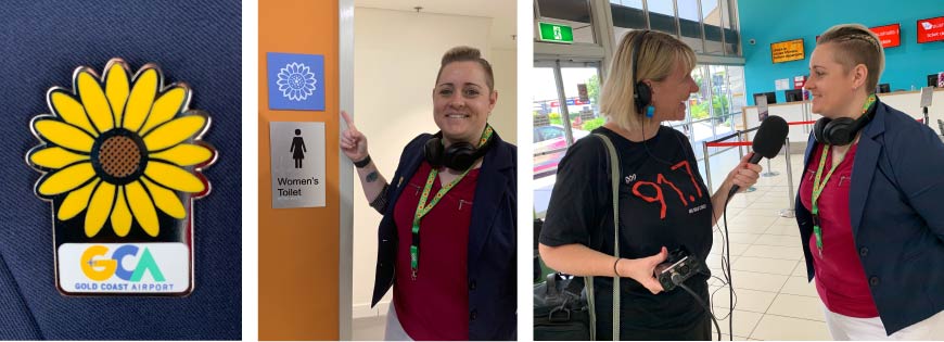 Three images - a Sunflower badge with Gold Coast Airport logo, a Sunflower sign next to a toilet sign, a radio interview