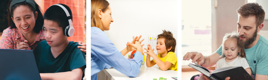 Three photos of children being supported in learning activities.