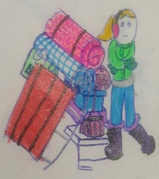 Drawing of a blond girl in winter clothing with blankets, a sled and other snow equipment