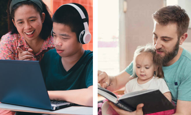 Two images, one of two people looking at a laptop, and the other of a man reading to a toddler in his lap