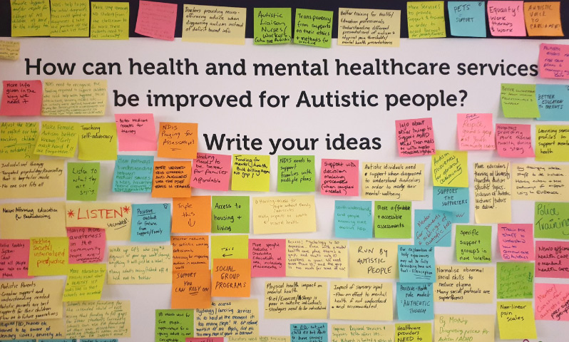 A large poster with "How can health and mental healthcare services be improved for Autistic people? Write your ideas" written on it. It is covered in sticky notes with ideas written down on them.
