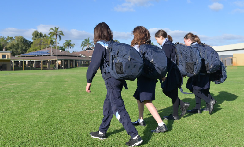 A group of students walking across a lawn