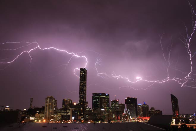 Lightning over Brisbane skyline