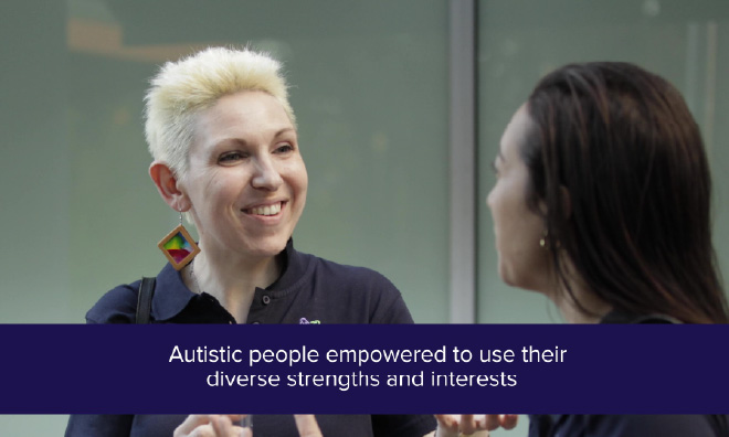 Image two people talking, with the caption "Autistic people empowered to use their diverse strengths and interests"