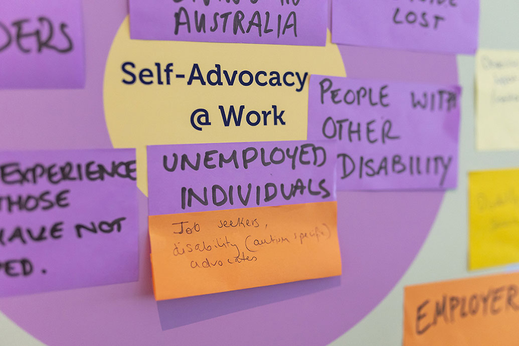 A board with Self Advocacy @ Work written on it, surrounded by sticky notes