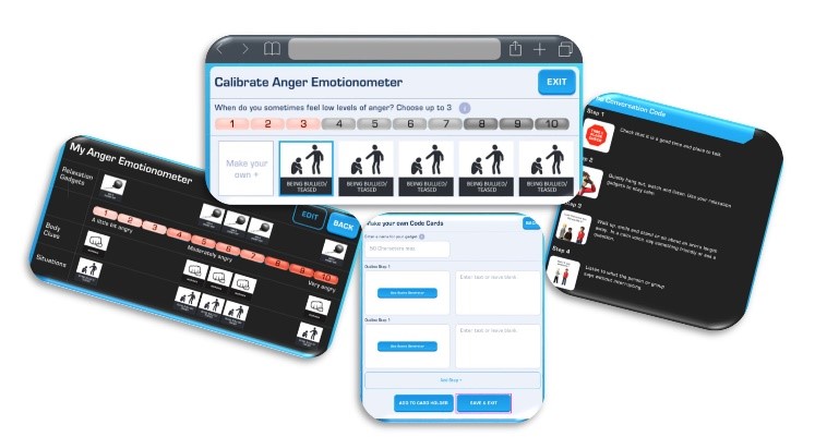 Screens from SAS computer game showing activities to manage emotions