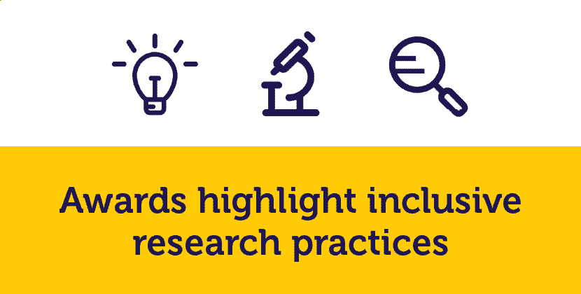An icon of a light bulb, a microscope and a magnifying glass with text: Awards highlight inclusive research practices.