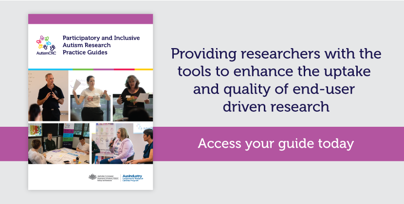 A slide with an image of a booklet on it. The booklet's title is "Participatory and Inclusive Autism Research Practice Guides". Text next to the image says "Providing researchers with the tools to enhance the uptake and quality of end-user driven research. Access your guide today".