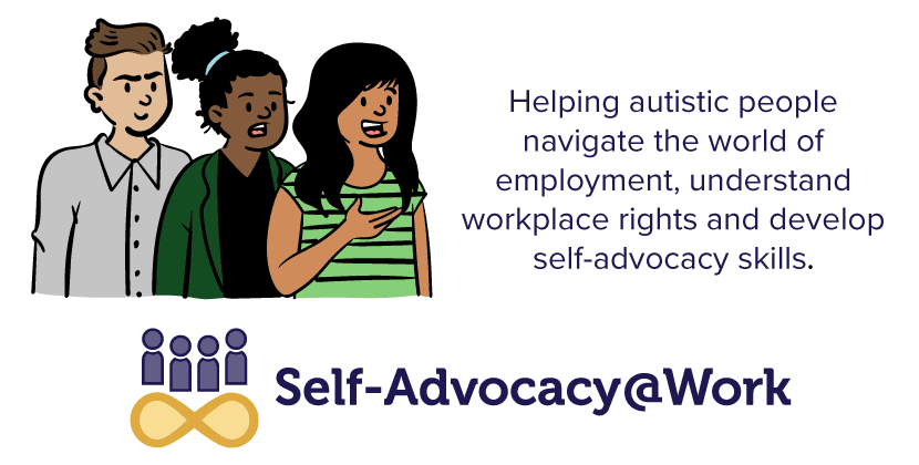 Image with cartoon drawings of people and text: Helping autistic people navigate the world of employment, understand workplace rights and develop self-advocacy skills